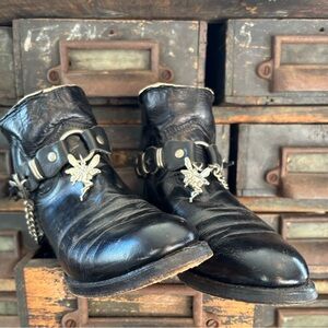 Upcycled decorated black vintage leather combat engineer moto boots boho grunge